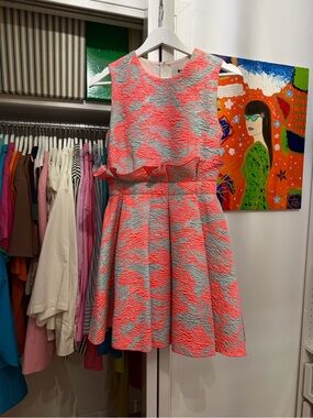 MSGM Coral & Light Blue Fit-and-Flare Jacquard Dress